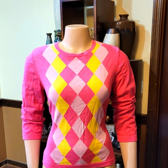 Hot pink sweater with neon-like argyle color design! Barbiecore Isaak Mizrahi! - Picture 1 of 7